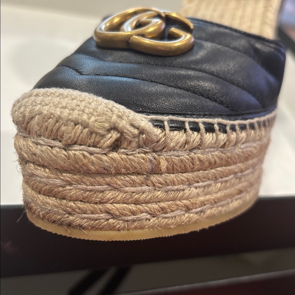 Gucci Black Matelasse Leather GG Marmont Espadrille Ankle-Tie Wedges - Picture 14 of 16